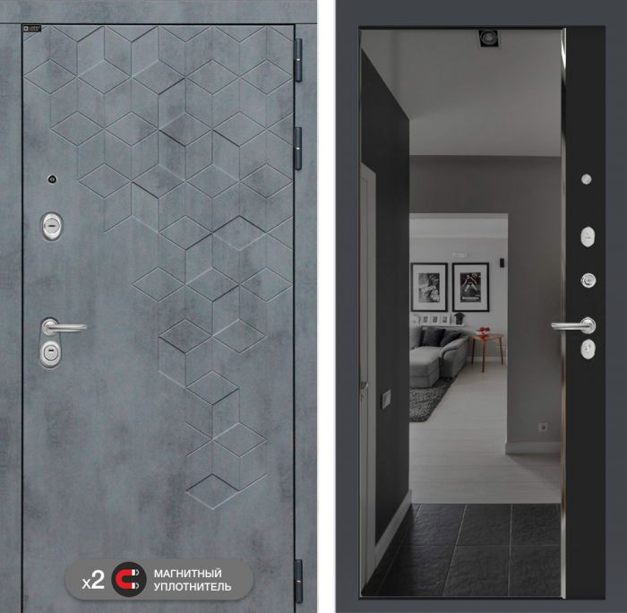 Входная дверь Лабиринт Бетон с зеркалом Панорама с тонировкой Черный кварц