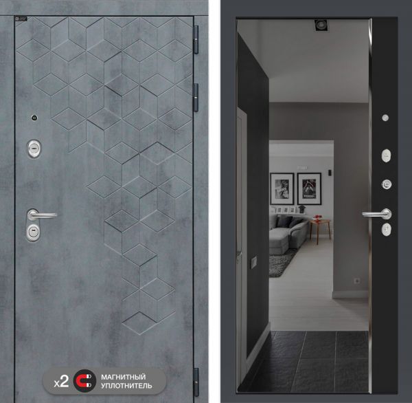 Входная дверь Лабиринт Бетон замок Mottura с зеркалом панорама с тонировкой - Черный кварц