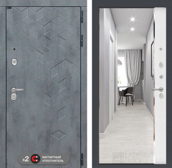 Входная дверь Лабиринт Бетон замок Mottura с зеркалом Панорама Белый софт