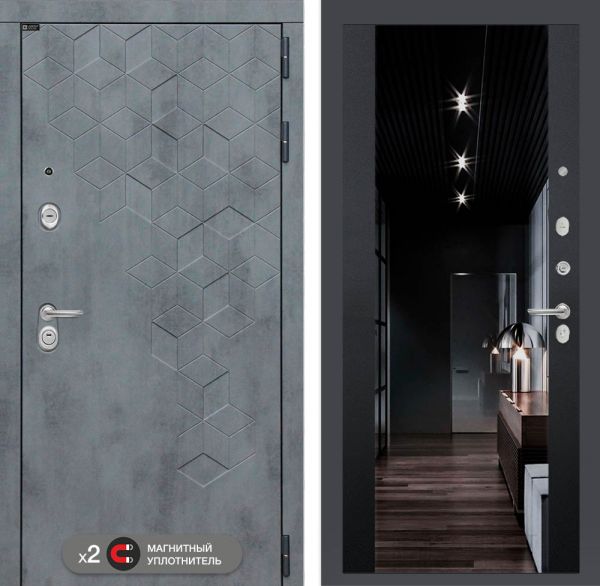 Входная дверь Лабиринт Бетон - Черный кварц Зеркало Максимум с тонировкой