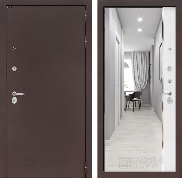 Входная дверь Лабиринт CLASSIC антик медный с зеркалом Панорама - Белый софт