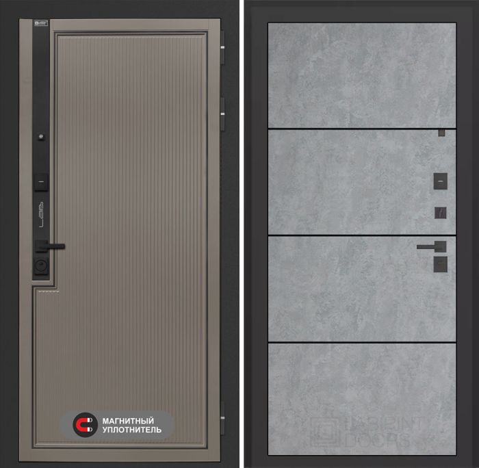 Входная дверь Лабиринт Лаб 1 Про 25 – Бетон светлый, черный молдинг