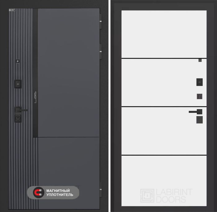 Входная дверь Лабиринт Лаб 2 Про 25 – Белый софт, черный молдинг