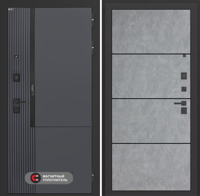 Входная дверь Лабиринт Лаб 2 Про 25 – Бетон светлый, черный молдинг