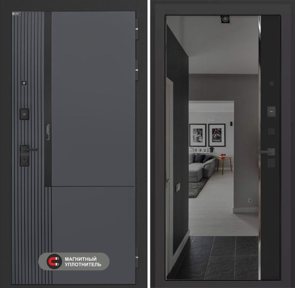 Входная дверь Лабиринт Лаб 2 Про с зеркалом (тонированное) Панорама – Черный кварц