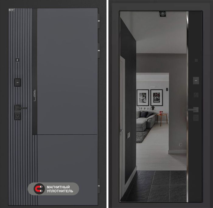 Входная дверь Лабиринт Лаб 2 Про с зеркалом (тонированное) Панорама – Черный кварц