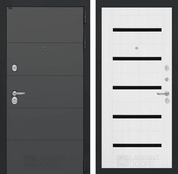 Входная дверь Лабиринт ART графит 01 - Белое дерево, стекло черное