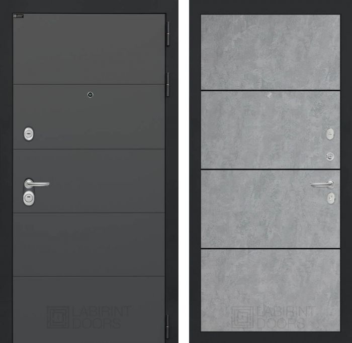 Входная дверь Лабиринт ART графит 25 - Бетон светлый, черный молдинг