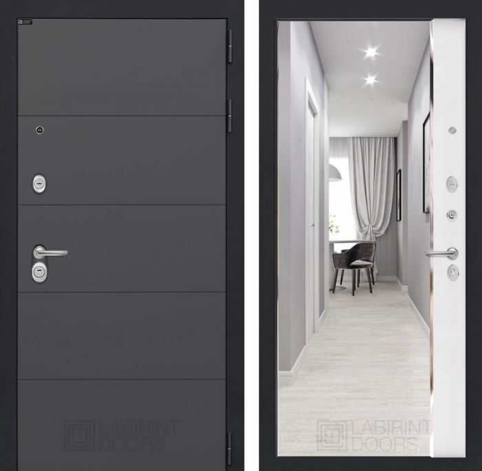 Входная дверь Лабиринт ART графит с зеркалом Панорама - Белый софт