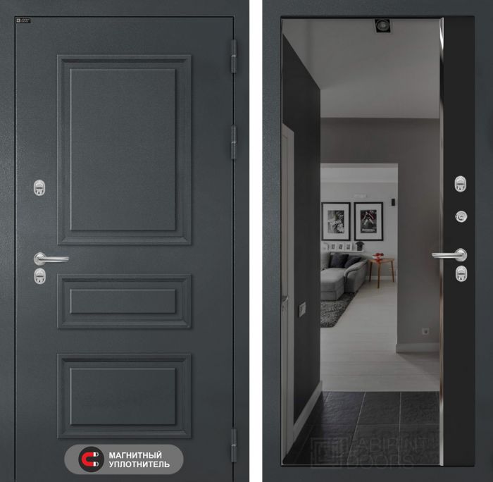 Входная дверь Лабиринт Атлантик - Зеркало Панорама Черный кварц с тонировкой