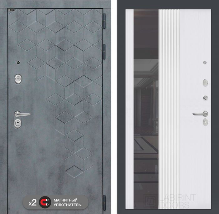Входная дверь Лабиринт Бетон 32 - Зеркало тонированное Белый софт рельеф