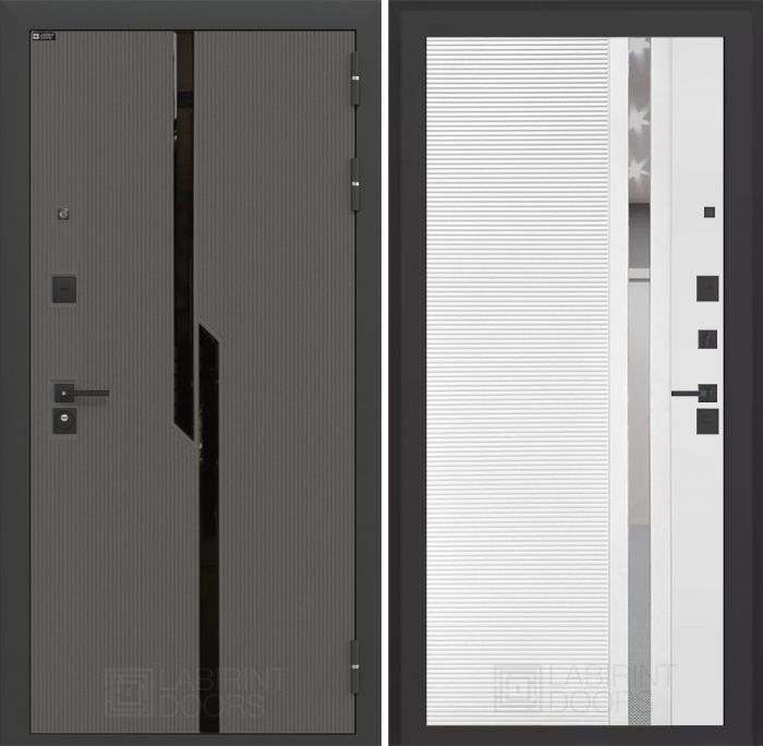 Входная дверь Лабиринт Карбон (CARBON) 31 - Белый софт, зеркальная вставка с тонировкой