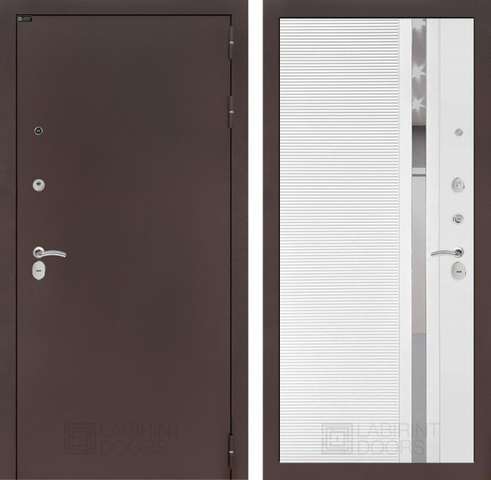 Входная дверь Лабиринт CLASSIC антик медный - 31 Белый софт зеркальная вставка с тонировкой