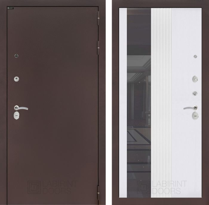 Входная дверь Лабиринт CLASSIC антик медный - 32 Зеркало тонированное Белый софт рельеф