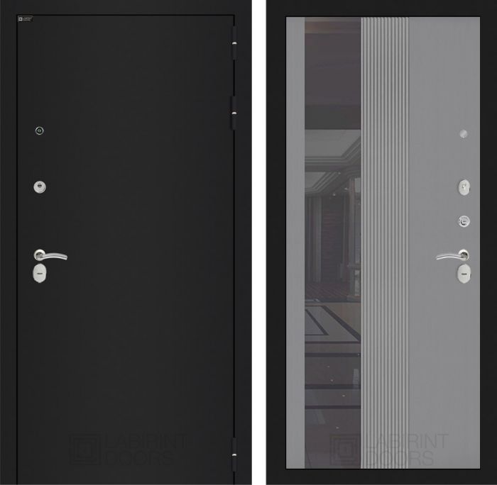 Входная дверь Лабиринт CLASSIC шагрень черная - 32 Зеркало тонированное Серый софт рельеф