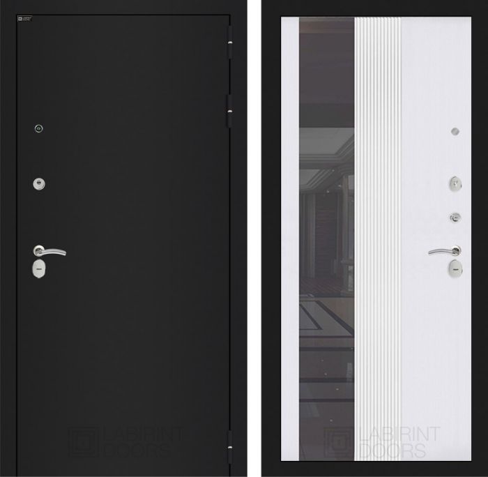 Входная дверь Лабиринт CLASSIC шагрень черная - 32 Зеркало тонированное Белый софт рельеф