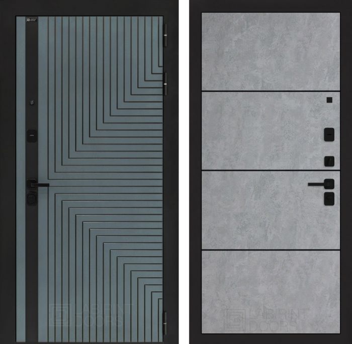 Входная дверь Лабиринт CREDOR 25 – Бетон светлый, черный молдинг