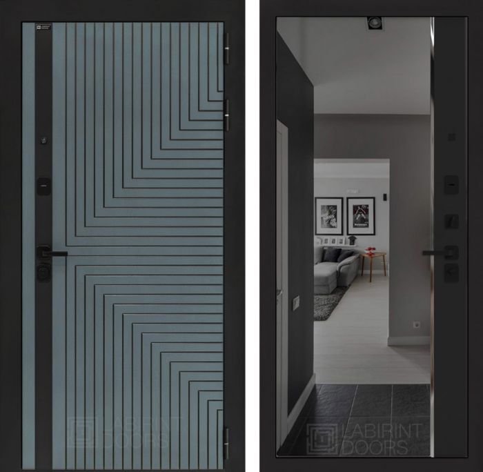 Входная дверь Лабиринт CREDOR Черный кварц с зеркалом Панорама с тонировкой