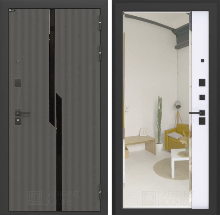 Входная дверь Лабиринт Карбон (CARBON) - Зеркало Панорама Белый софт