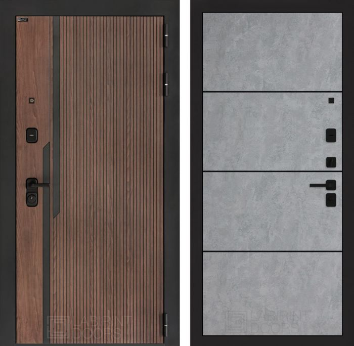 Входная дверь Лабиринт KARMINA 25 – Бетон светлый, черный молдинг