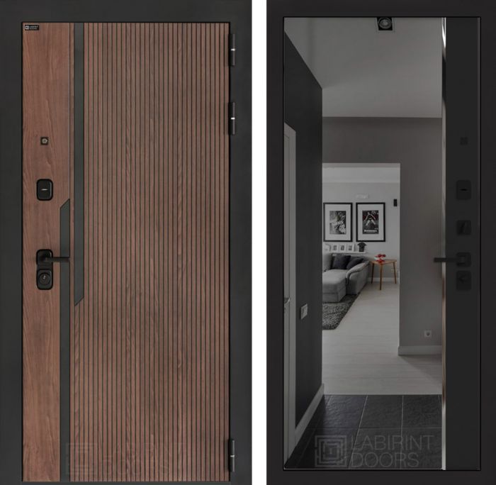 Входная дверь Лабиринт KARMINA с зеркалом Панорама с тонировкой – Черный кварц