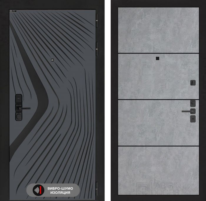 Входная дверь Лабиринт LEOLAB 25 – Бетон светлый, черный молдинг