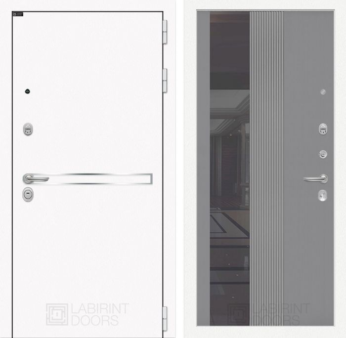 Входная дверь Лабиринт Лайн WHITE 32 - Зеркало тонированное Серый софт рельеф