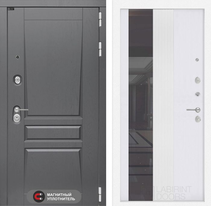 Входная дверь Лабиринт Платинум 32 - Зеркало тонированное Белый софт рельеф