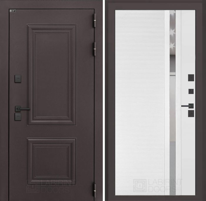 Входная дверь Лабиринт Полярис лайт 31 – Белый софт, зеркальная вставка с тонировкой