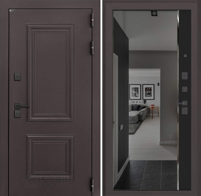 Входная дверь Лабиринт Полярис лайт Черный кварц с тонированным зеркалом Панорама