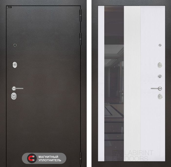 Входная дверь Лабиринт SILVER 32 - Зеркало тонированное Белый софт рельеф