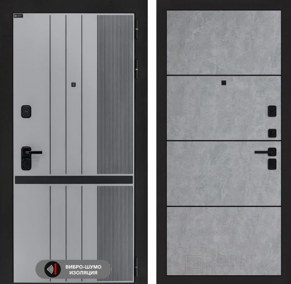 Входная дверь Лабиринт SKYLAB 25 – Бетон светлый, черный молдинг