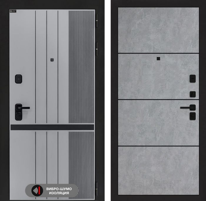 Входная дверь Лабиринт SKYLAB 25 – Бетон светлый, черный молдинг