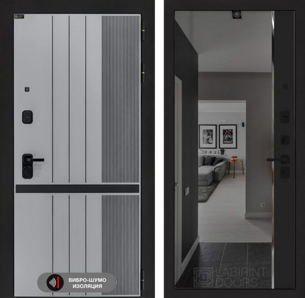 Входная дверь Лабиринт SKYLAB с зеркалом Панорама с тонировкой – Черный кварц