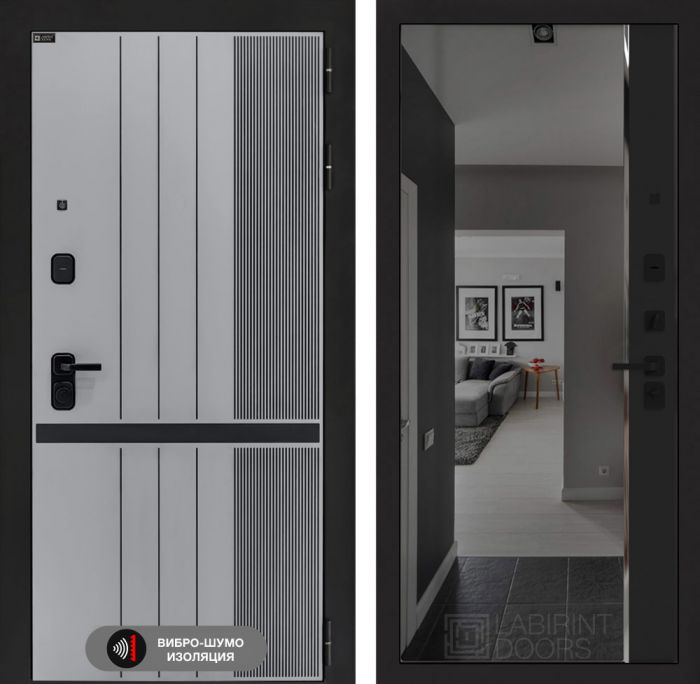 Входная дверь Лабиринт SKYLAB с зеркалом Панорама с тонировкой – Черный кварц