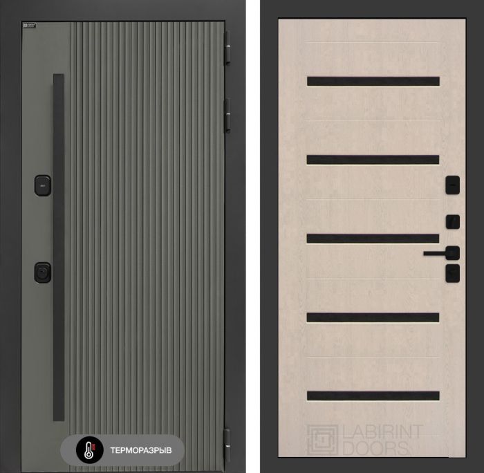 Входная дверь Лабиринт Термолаб 1 тепло 01 – Беленый дуб, стекло черное