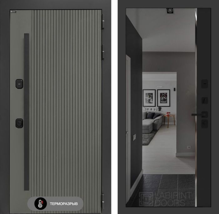 Входная дверь Лабиринт Термолаб 1 тепло с зеркалом (тонированное) Панорама – Черный кварц