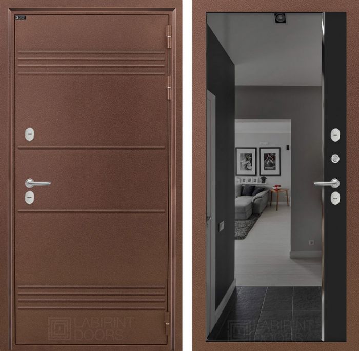 Входная дверь Лабиринт ТЕРМО ЛАЙТ - Черный кварц Зеркало Панорама с тонировкой