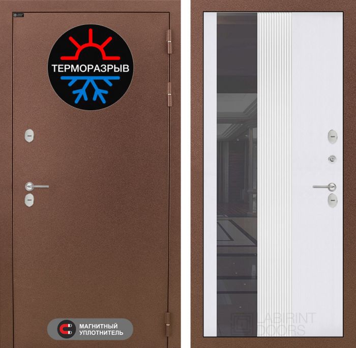 Входная дверь Лабиринт Термо Магнит 32 - Зеркало тонированное Белый софт рельеф