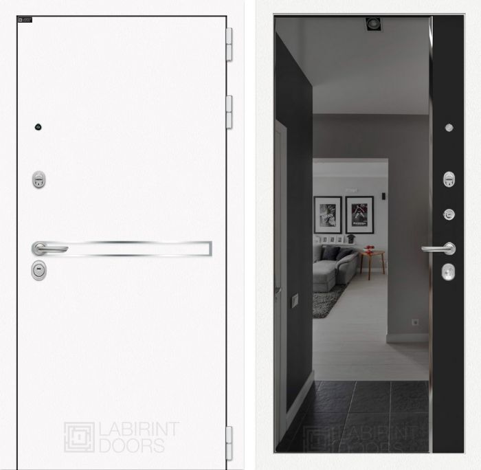 Входная дверь Лабиринт Лайн WHITE - с зеркалом Панорама с тонировкой Черный кварц