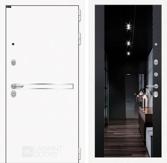Входная дверь Лабиринт Лайн WHITE - Черный кварц Зеркало Максимум с тонировкой
