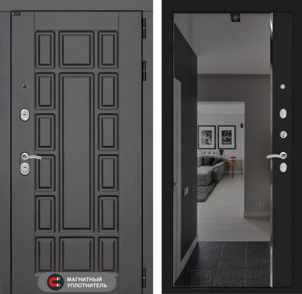 Входная дверь Лабиринт Нью-Йорк замок Mottura с зеркалом Панорама с тонировкой - Черный кварц