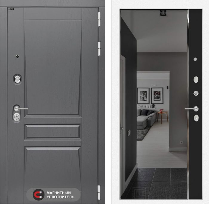 Входная дверь Лабиринт Платинум - с зеркалом Панорама с тонировкой Черный кварц