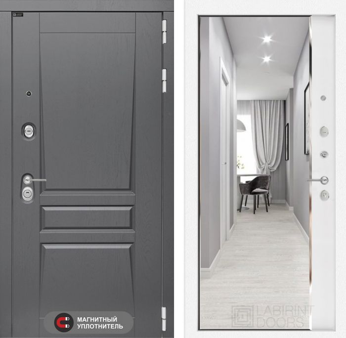 Входная дверь Лабиринт Платинум - с зеркалом Панорама Белый софт