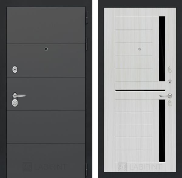 Входная дверь Лабиринт ART графит 02 - Сандал белый, стекло черное