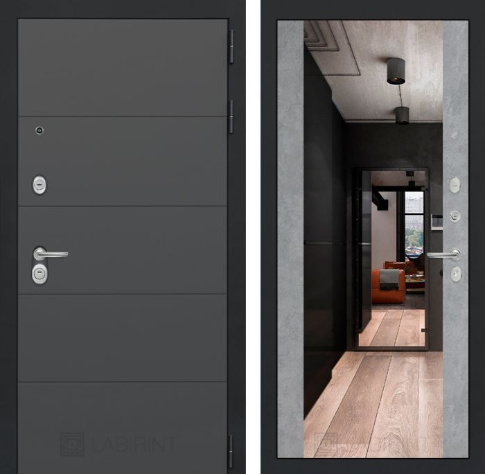 Входная дверь Лабиринт ART графит с Зеркалом Максимум - Бетон светлый