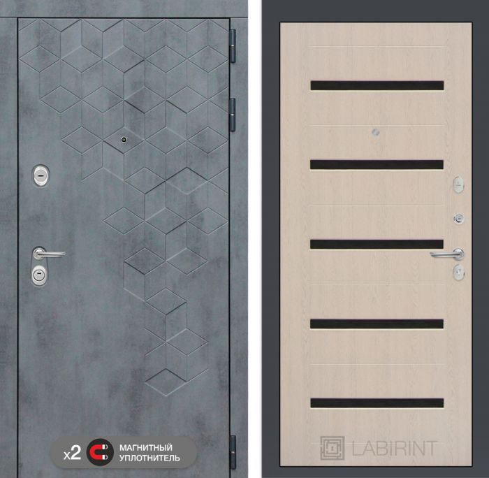 Входная дверь Лабиринт Бетон замок Mottura 01 - Беленый дуб, стекло черное