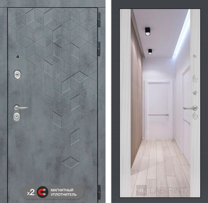 Входная дверь Лабиринт Бетон с зеркалом Максимум замок Mottura - Сандал белый