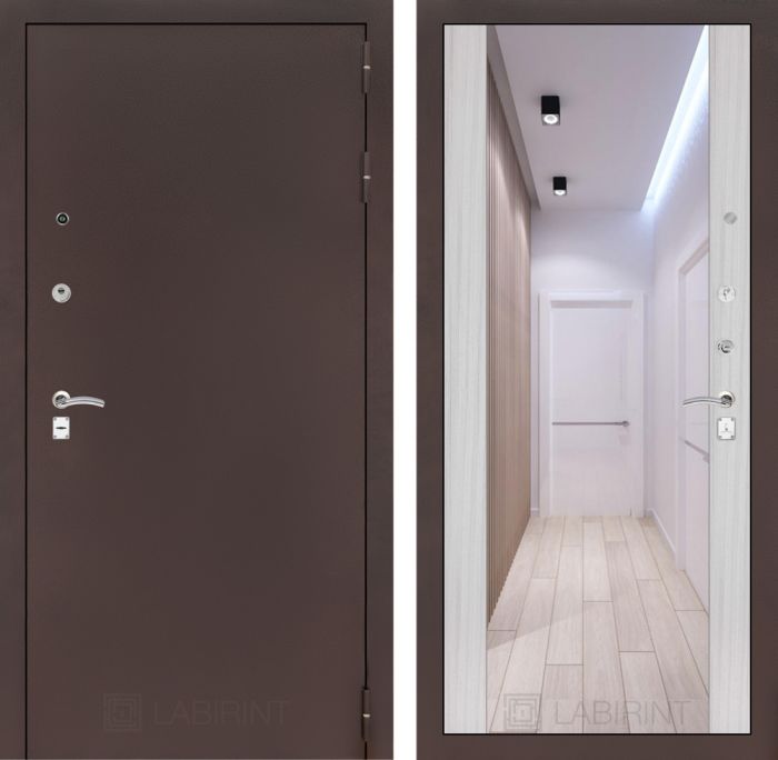 Входная дверь Лабиринт CLASSIC антик медный с Зеркалом Максимум - Сандал белый