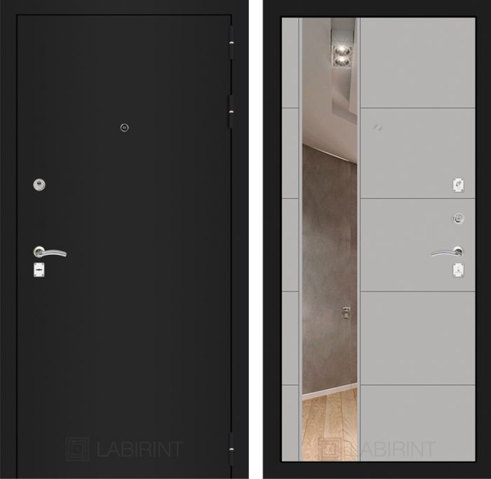 Входная дверь Лабиринт CLASSIC шагрень черная с Зеркалом 19 - Грей софт